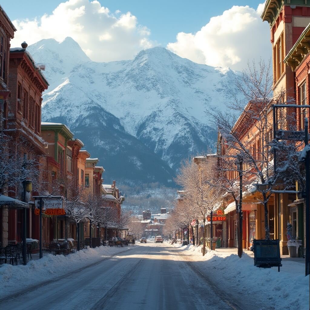 America's Hidden Treasures: 6 Small-Town Main Streets That Will Blow Your Mind Panoramic view of West Colorado Avenue in Telluride with Victorian storefronts, snowy mountain peaks, and golden sunlight, with no people visible