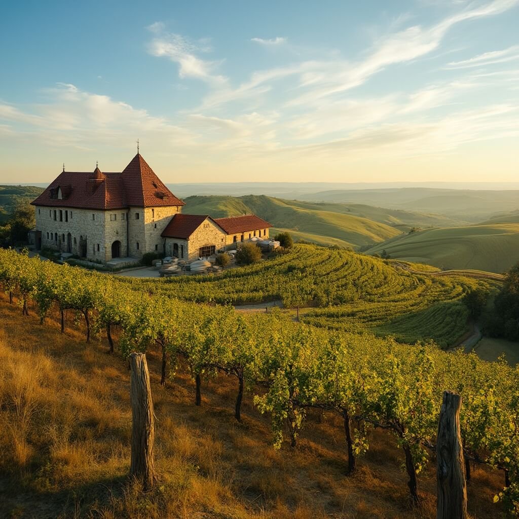 Fredericksburg, Texas: Where German Heritage Meets Wild West Charm Golden hour view of Texas Hill Country vineyard with rows of mature grapevines, traditional German-style winery, wooden wine barrels, sprawling peach orchards, and rustic fence posts under an expansive blue sky.