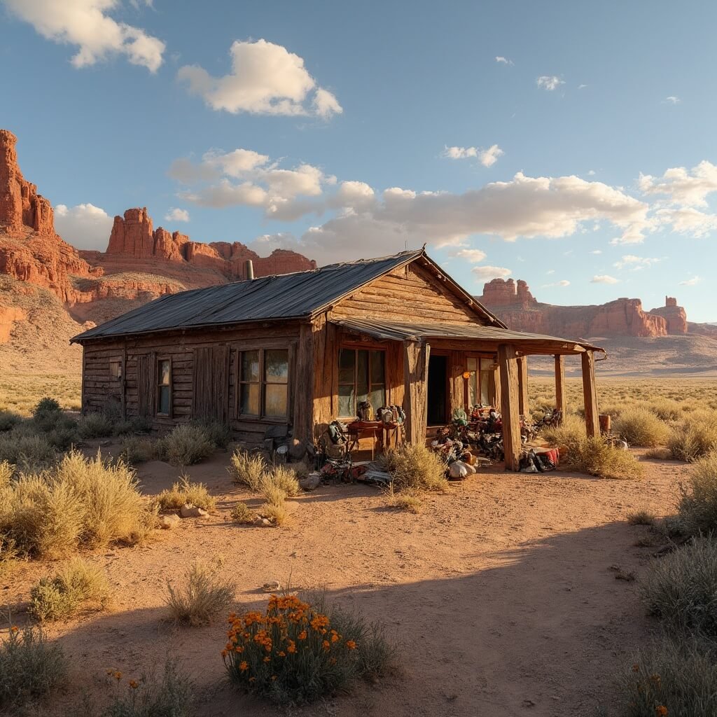 The Toaster House, a rustic wooden building in the New Mexico high desert, surrounded by red-orange mesas, sparse vegetation, and hiking gear on the porch, under a cloud-streaked sunset sky.