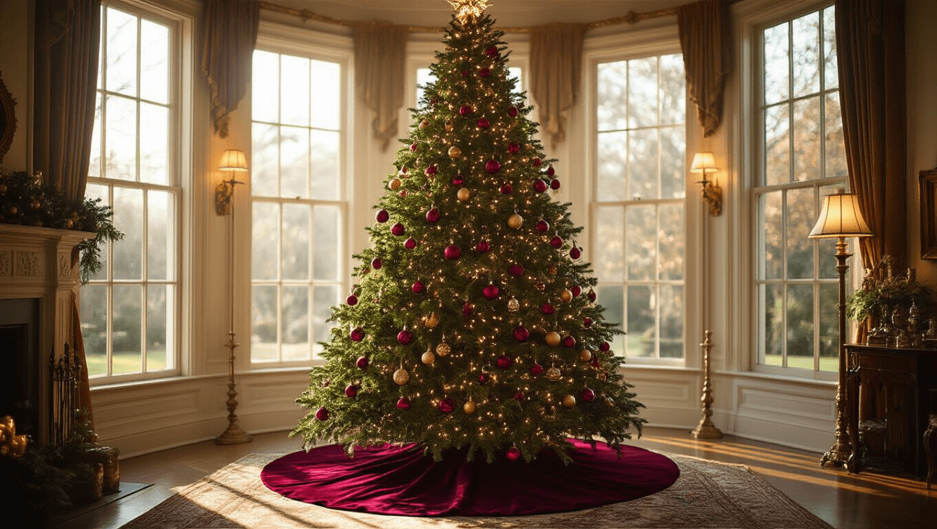 A grand 12-foot Victorian Christmas tree adorned with vintage ornaments in a warmly lit living room, featuring sunlight streaming through bay windows and a luxurious burgundy velvet tree skirt.