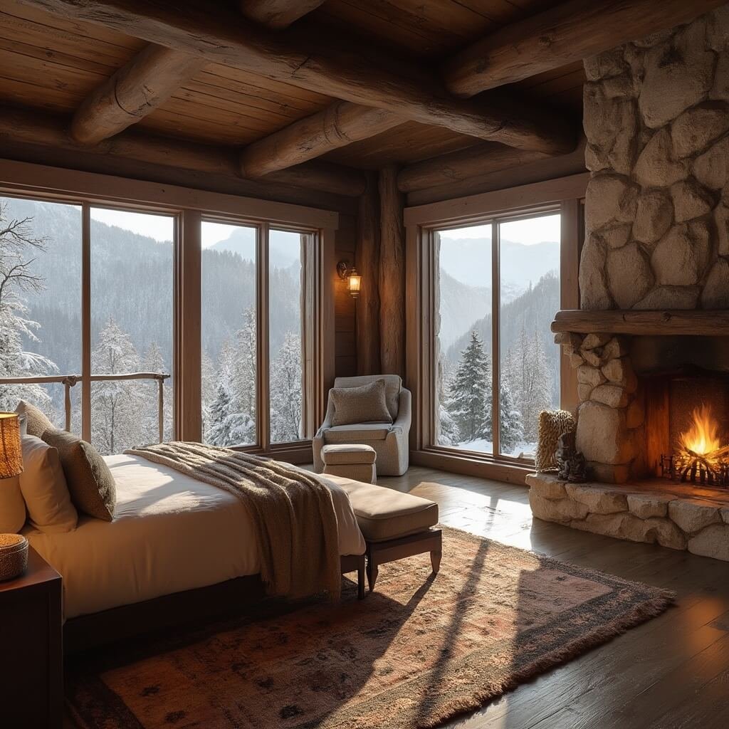 Uncover Burlington, Vermont: Your Ultimate New England Hidden Gem Cozy boutique hotel room in Vermont with rustic charm, exposed wooden beams, stone fireplace, plush bed with wool blankets, artisan furniture, and a stunning view of snow-capped Green Mountains through floor-to-ceiling windows