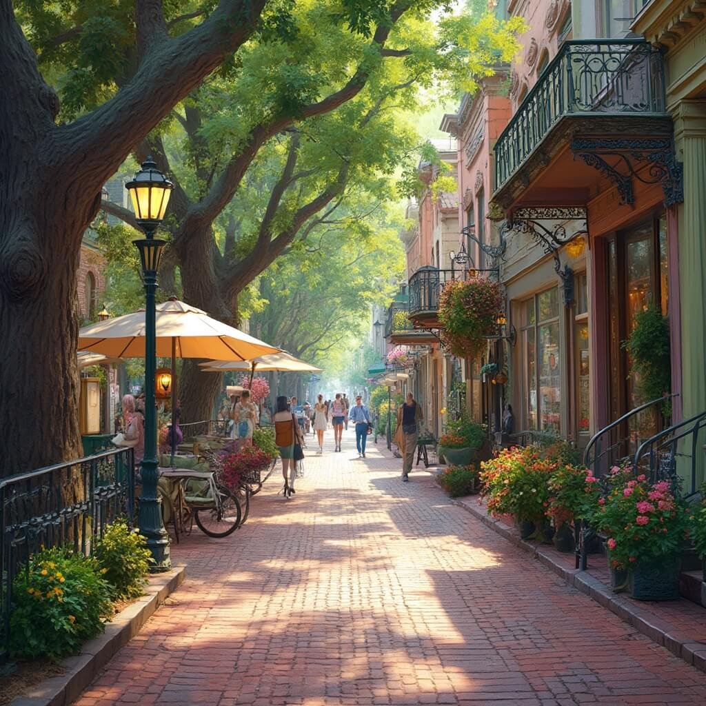 Cape Charles, Virginia: Your Hidden Coastal Paradise Revealed Victorian-era Main Street with colorful boutique shops, art galleries, brick sidewalks with lamp posts, vibrant flower boxes, residents strolling with shopping bags, cafe seating with umbrellas, oak trees, vintage architecture, bicycles along fences, and afternoon sunlight through tree canopy.