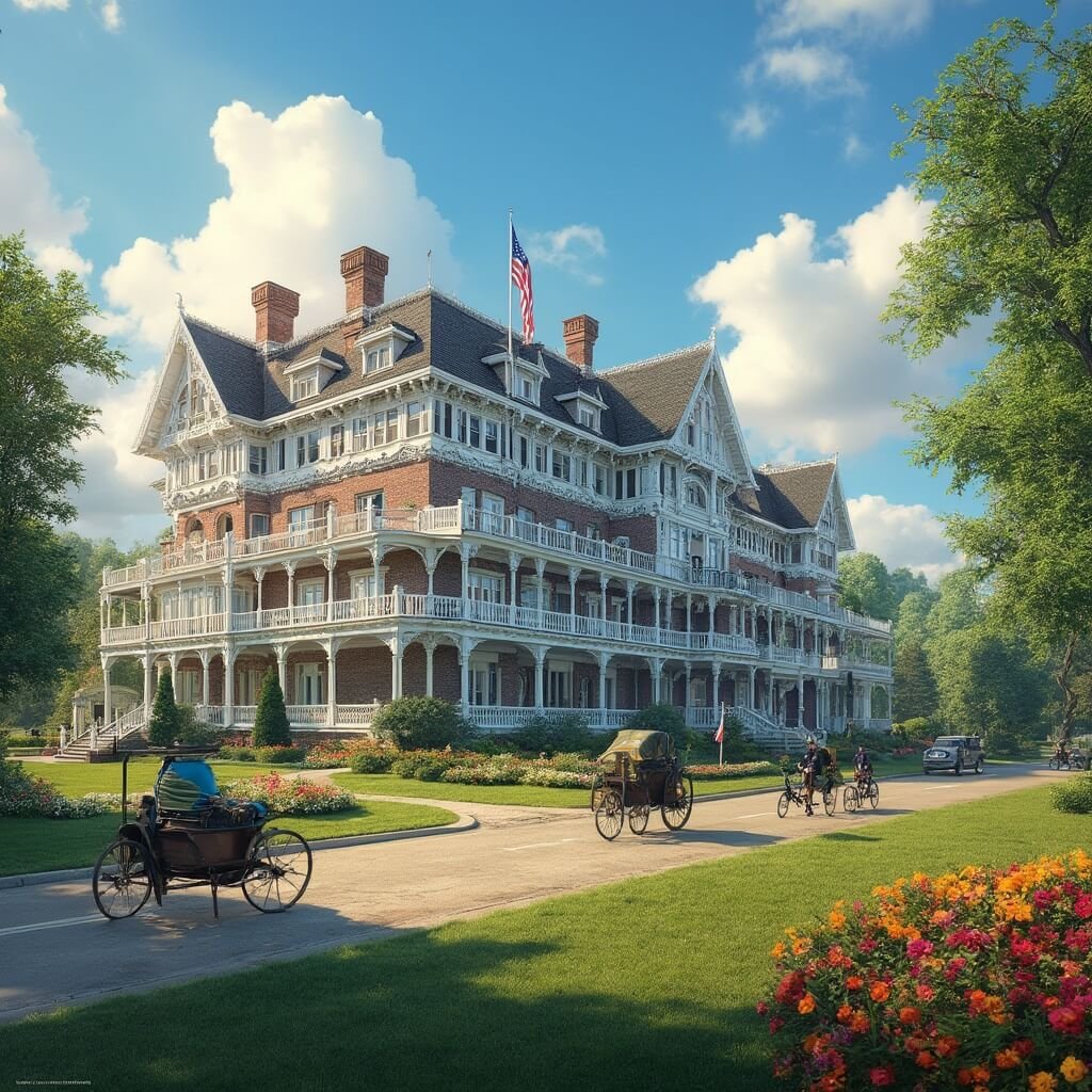 Mackinac Island: The Time-Travelling Escape That Will Blow Your Mind (No DeLorean Required) Victorian-era hotel with a white wraparound porch, manicured gardens and horse-drawn carriages on a tree-lined street, under a vivid blue sky during golden hour