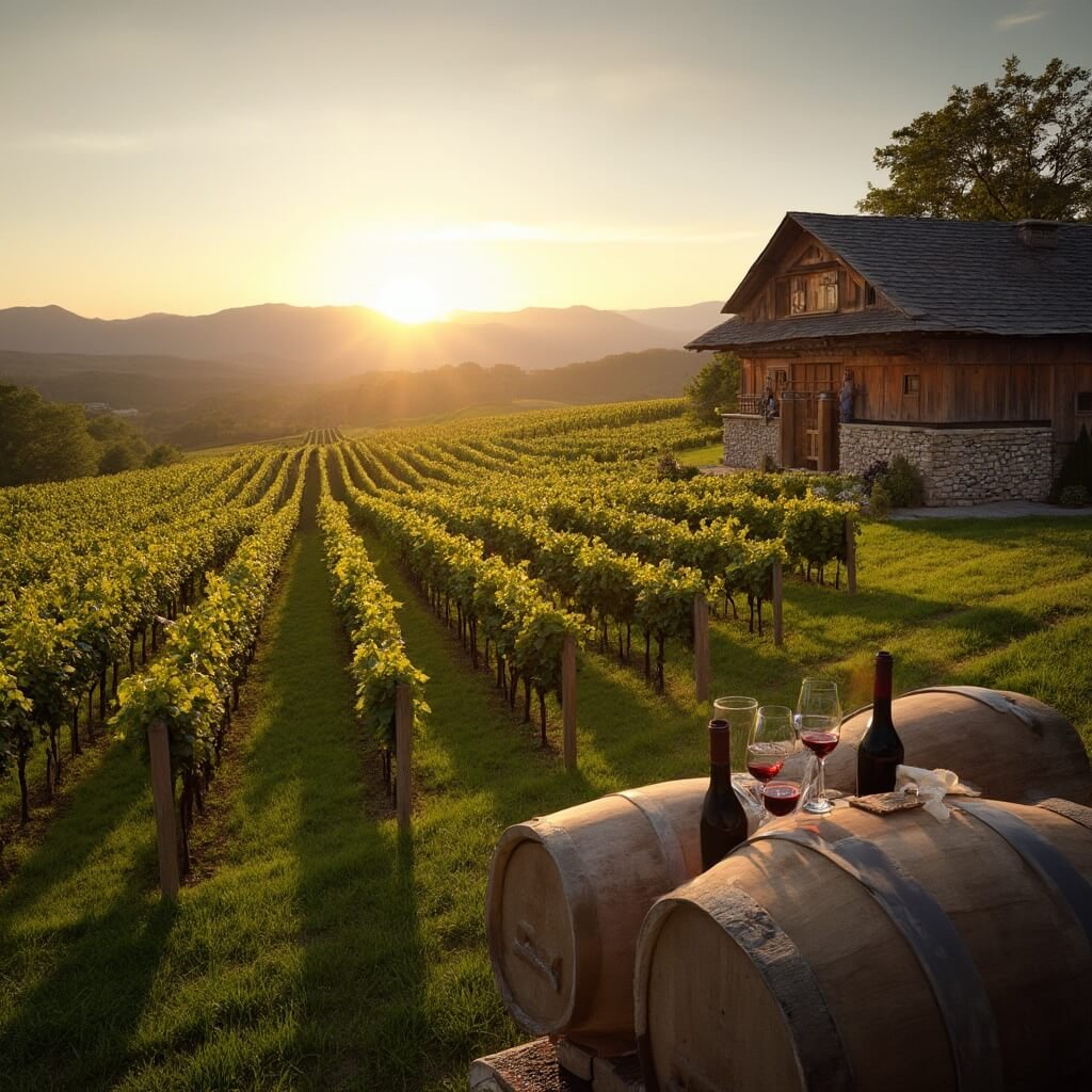 Middleburg, Virginia: Where Horses Gallop and Wines Flow – Your Ultimate Insider's Guide Golden hour at a picturesque vineyard with aligned grapevines, rustic wine tasting barn, wine glasses and barrels, with Blue Ridge Mountains in the distance