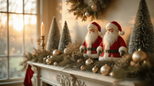 Vintage Christmas Decor: A Nostalgic Journey Through Holiday Magic Photorealistic Victorian living room mantel adorned with pastel 1950s Shiny Brite ornaments, antique Santa figurines, and frosted bottle brush trees, bathed in warm golden sunlight, highlighting vintage decorations and textures.