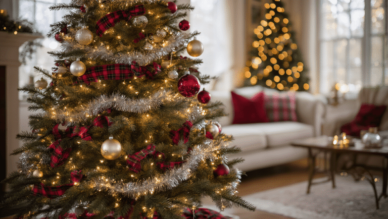 Cinematic wide-angle shot of an elegant living room with a vintage Christmas tree decorated with mercury glass ornaments, plaid ribbons, and warm lights, accompanied by a crackling fireplace, plush seating, and cozy decor.