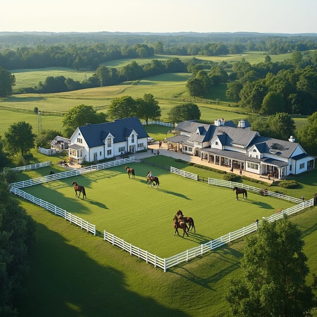 Middleburg, Virginia: Where Horses Gallop and Wines Flow – Your Ultimate Insider's Guide Elegant equestrian facility in Virginia featuring pristine paddocks, modern stable buildings, training arenas, majestic horses grazing in emerald pastures, professional riding rings, and jumping courses amidst a countryside backdrop of ancient oak trees.