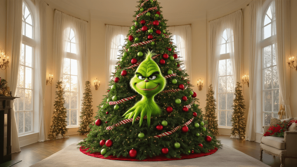 How to Create the Perfect Grinch Christmas Tree: A Whimsical Holiday Decor Guide A whimsical living room at golden hour featuring a 9-foot curved Christmas tree adorned with oversized red baubles, lime green ornaments, and a Grinch hand stealing decorations, complemented by Who-ville inspired decor and wrapped presents at the base.