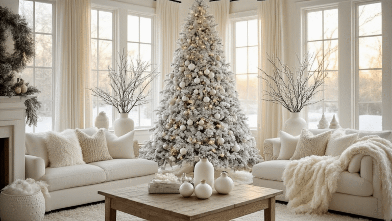 Elegant living room decorated for Christmas with a flocked tree, ceramic ornaments, faux fur throws, and warm lighting, creating a serene winter wonderland ambiance.