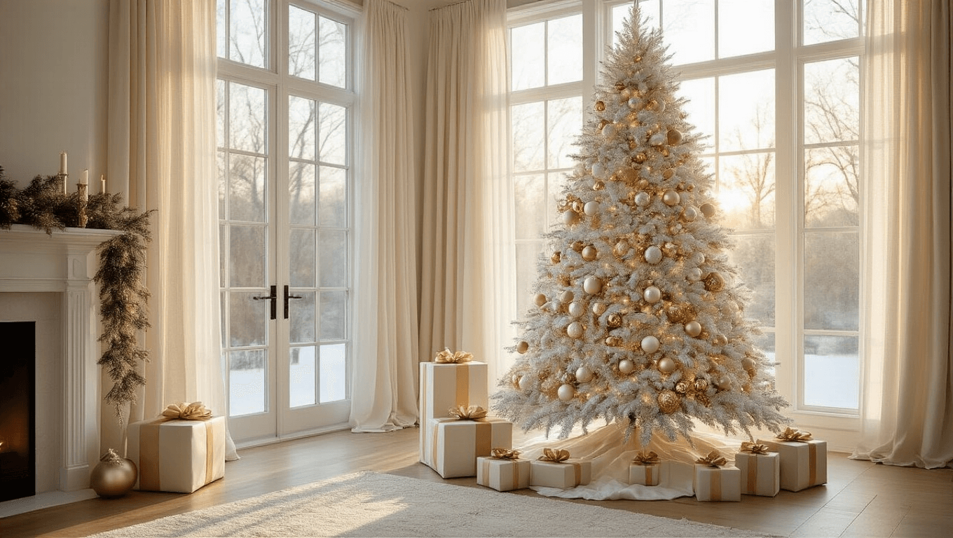 A luxurious modern living room featuring a stunning 7-foot white flocked Christmas tree adorned with metallic gold, silver, and champagne ornaments, positioned beside floor-to-ceiling windows with warm sunlight streaming through. The scene includes a plush charcoal velvet sectional sofa, a sleek glass coffee table, and artfully arranged ivory and champagne-wrapped presents beneath the tree, all set against cream-colored hardwood floors.