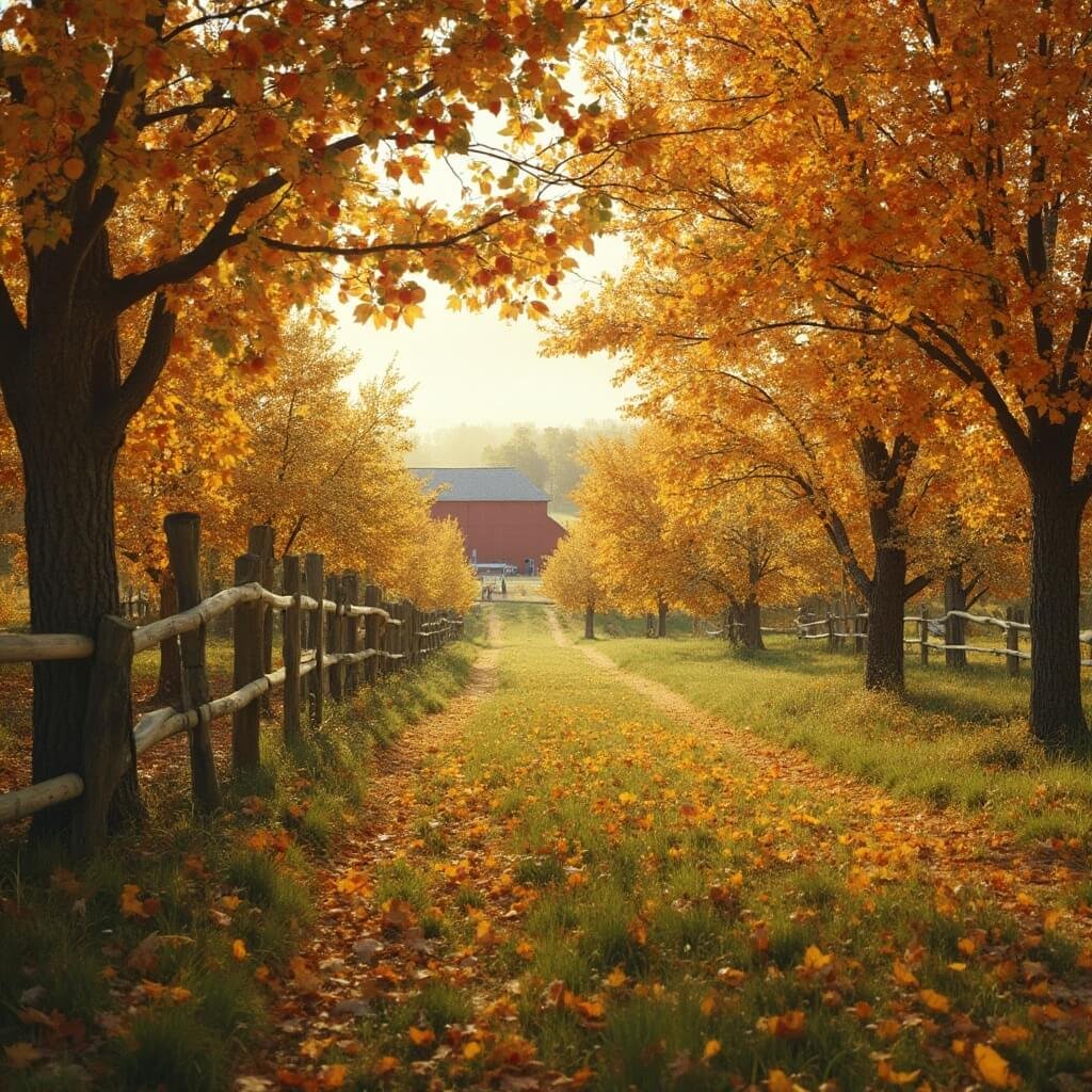 10 Small Town Festivals in the U.S. That Will Blow Your Mind (And Your Travel Plans) Golden apple orchard in autumnal rural Wisconsin with a wooden fence, colorful fallen leaves, and a distant parade by a red barn in the morning sunlight