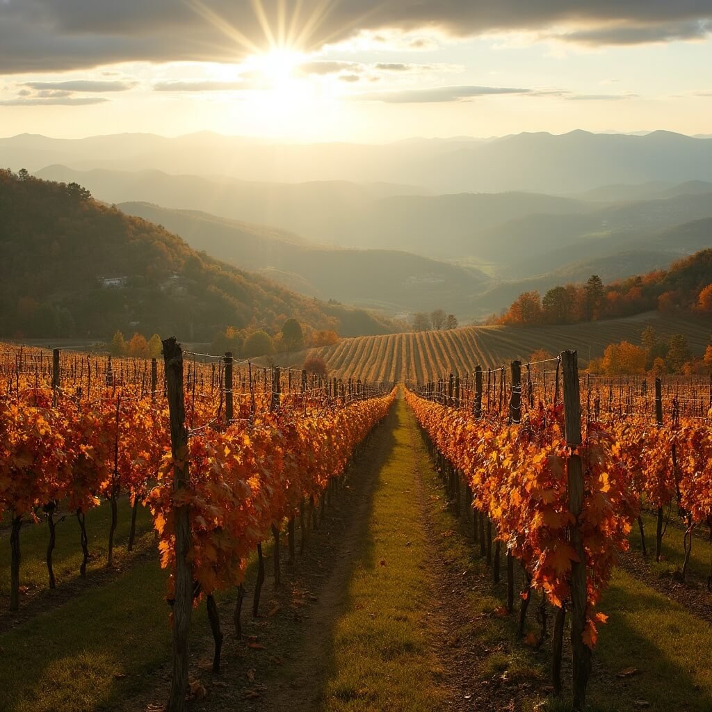Dahlonega: Where Gold's Glimmer Meets Mountain Majesty Autumn vineyard landscape at Wolf Mountain Vineyards in North Georgia, showcasing manicured rows of grapevines in golden sunlight, misty mountain ridges, and rustic wooden posts amid rich fall colors.