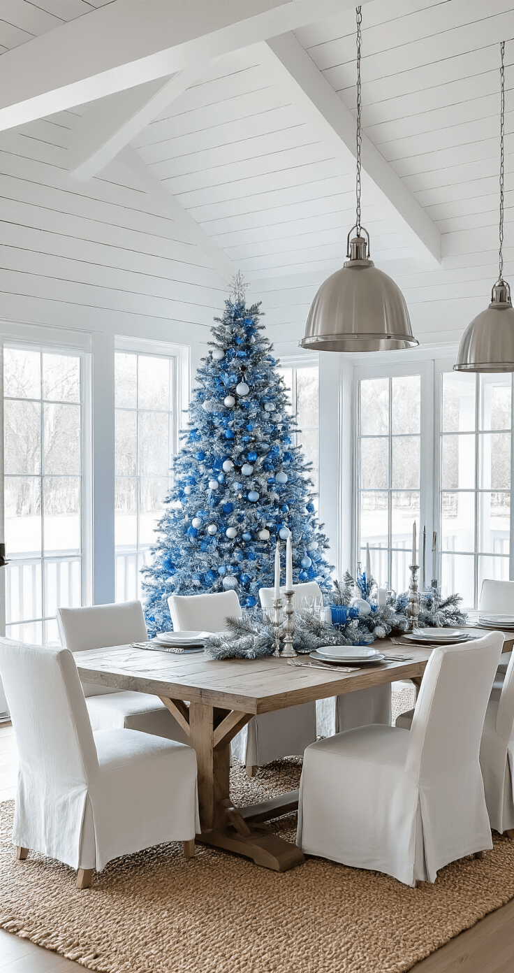 Chill Out: How to Create a Jaw-Dropping Blue Christmas Tree That Will Make Everyone Stop and Stare Sophisticated coastal-chic dining room with a pre-lit blue Christmas tree adorned with silver garlands and frosted glass ornaments, featuring a weathered wood dining table, white shiplap walls, and floor-to-ceiling windows showcasing a winter landscape.