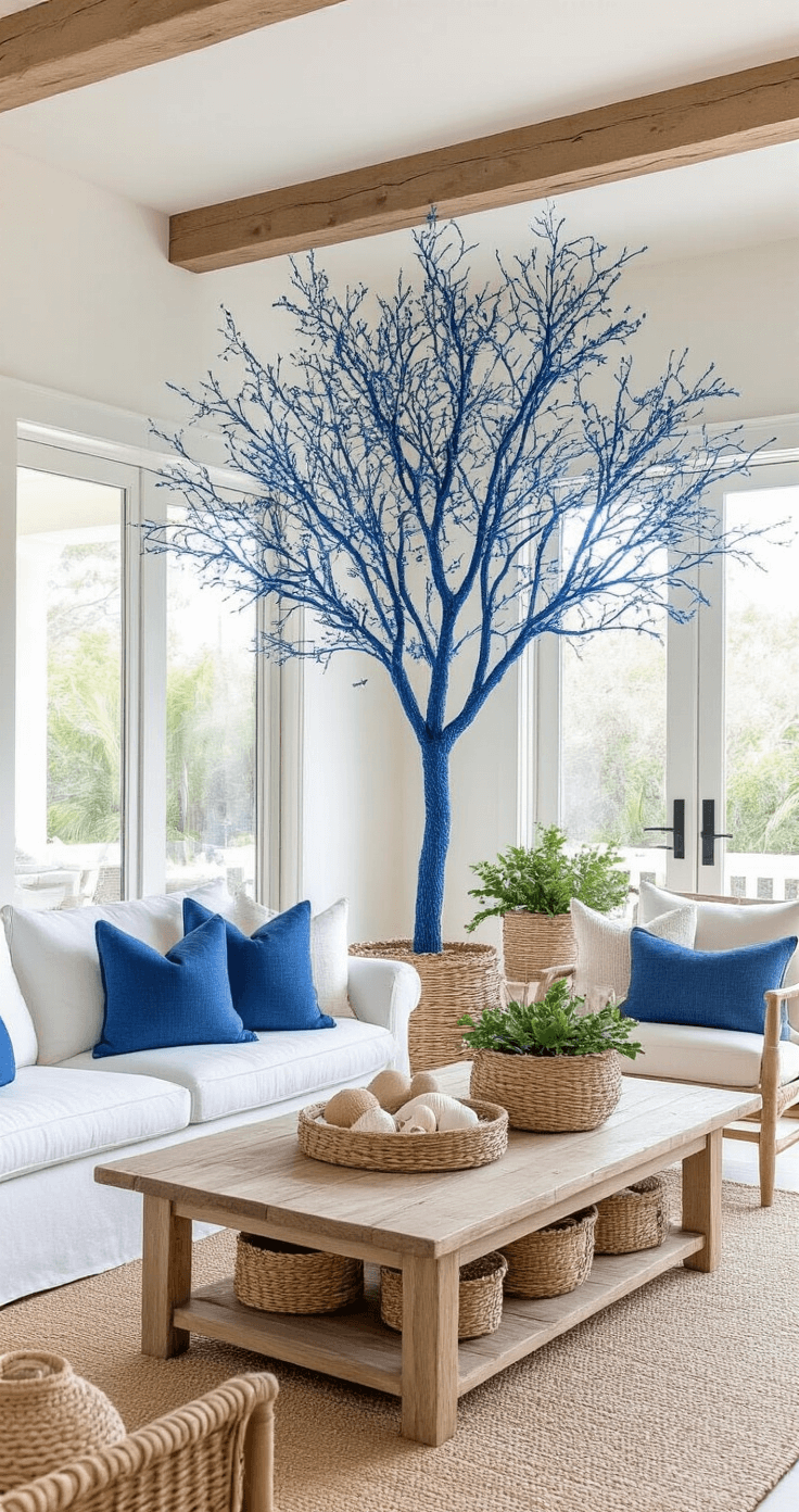 Chill Out: How to Create a Jaw-Dropping Blue Christmas Tree That Will Make Everyone Stop and Stare Dramatic living room featuring a blue tree with sandy beige accents and coastal decorations, white walls, natural wood beam ceiling, and large sliding glass doors opening to a patio, highlighted by natural light and a relaxed, beachy atmosphere.