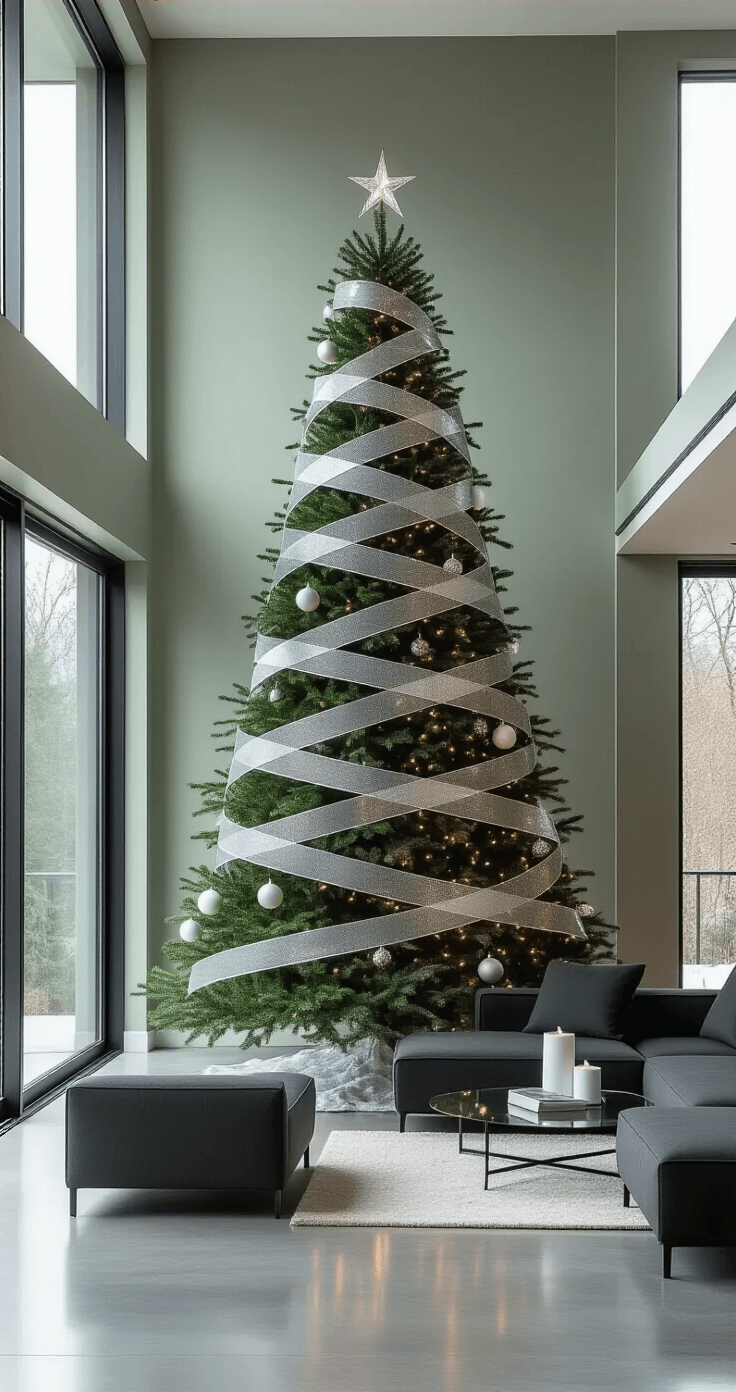 How to Add Ribbon to Your Christmas Tree Like a Design Pro Modern minimalist Christmas tree in a contemporary space with 10-foot ceilings, decorated with geometric silver ribbons, against sage-colored walls and polished concrete floors, featuring a charcoal sectional sofa and glass coffee table, all illuminated by crisp winter daylight.