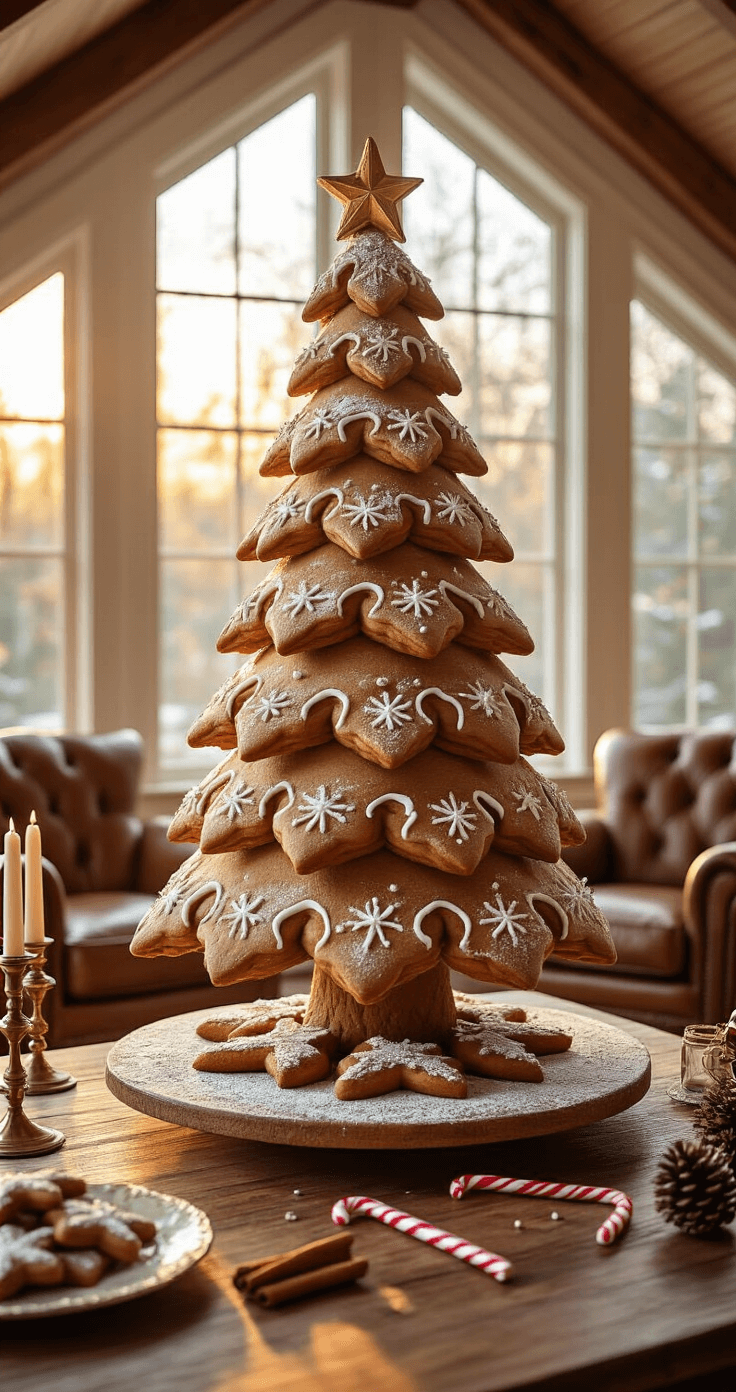 Magical Gingerbread Christmas Tree: Your Ultimate Festive Decor Guide Photorealistic cozy living room with a large edible gingerbread Christmas tree centerpiece, warm golden hour sunlight, rustic farmhouse table, vintage decor, and inviting atmosphere.