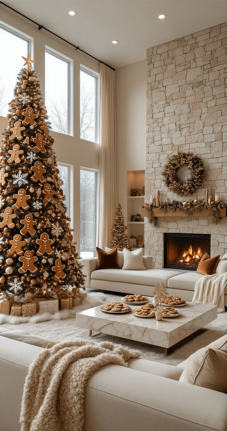 Magical Gingerbread Christmas Tree: Your Ultimate Festive Decor Guide Luxurious living room decorated for Christmas with a noble fir tree adorned with gingerbread ornaments, a stone fireplace, cream sectional sofa, and festive cookie displays on a marble coffee table, all illuminated by warm ambient lighting.