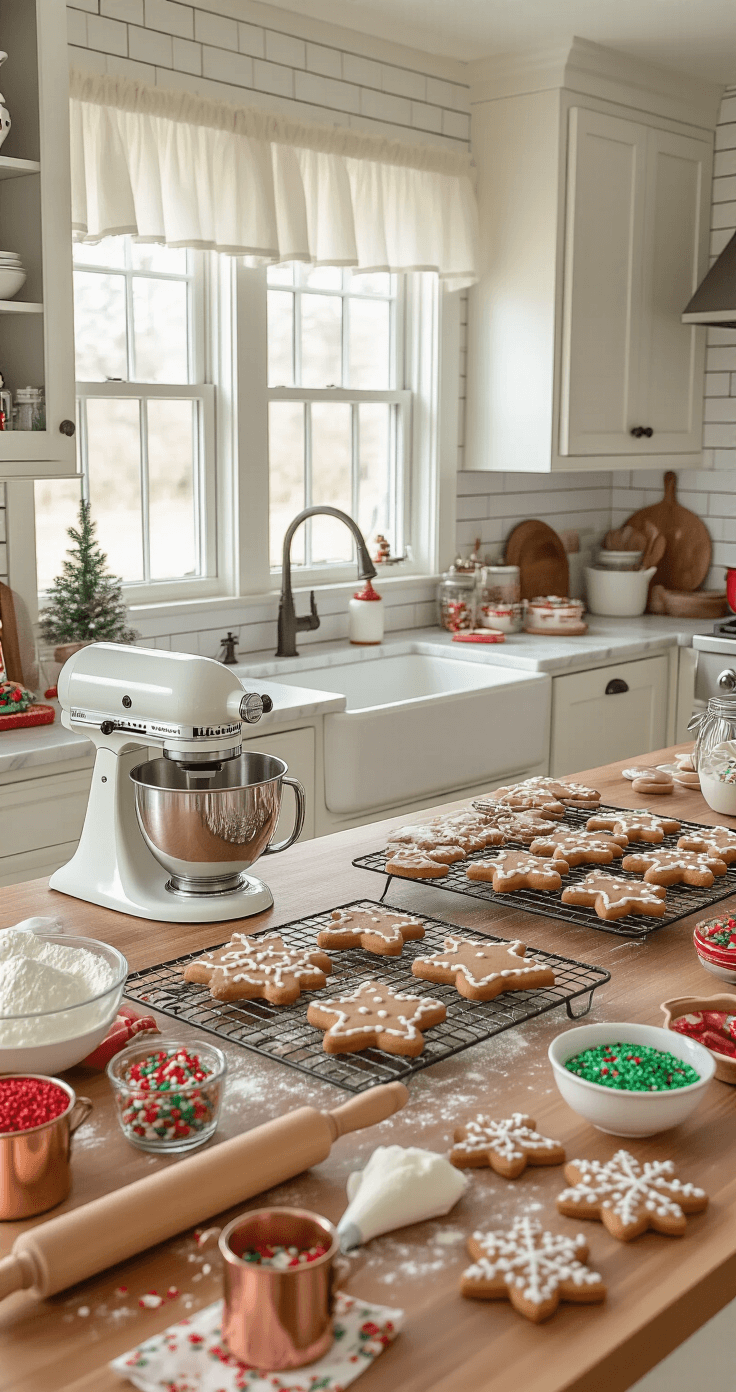 Magical Gingerbread Christmas Tree: Your Ultimate Festive Decor Guide Charming farmhouse kitchen scene with gingerbread cookie baking in progress, featuring white shaker cabinets, butcher block countertops, and natural morning light, showing cooling racks of cookies, festive sprinkles, and vintage kitchen tools, creating an inviting holiday atmosphere.