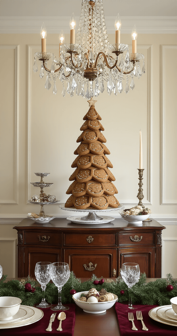 Magical Gingerbread Christmas Tree: Your Ultimate Festive Decor Guide Elegant dining room vignette featuring a sophisticated gingerbread tree display on a mahogany sideboard, surrounded by fine china, crystal glassware, and festive décor in warm tones, illuminated by a crystal chandelier.