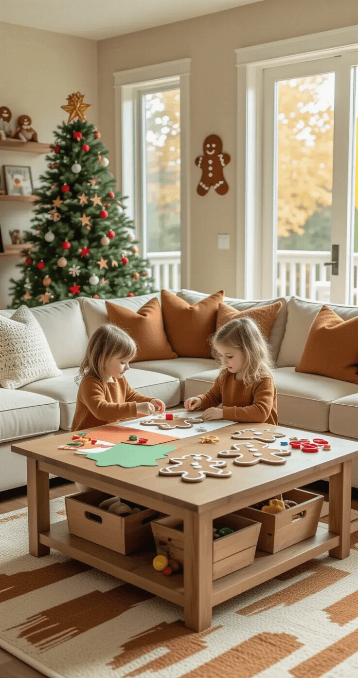 Magical Gingerbread Christmas Tree: Your Ultimate Festive Decor Guide Cozy family room with a children's gingerbread tree crafting station, featuring a beige sectional sofa, natural wood coffee table, and warm autumn colors, as sunlight streams through patio doors. Kids decorate paper gingerbread trees with colorful supplies, surrounded by plush throw pillows, wooden toy bins, and family photos.