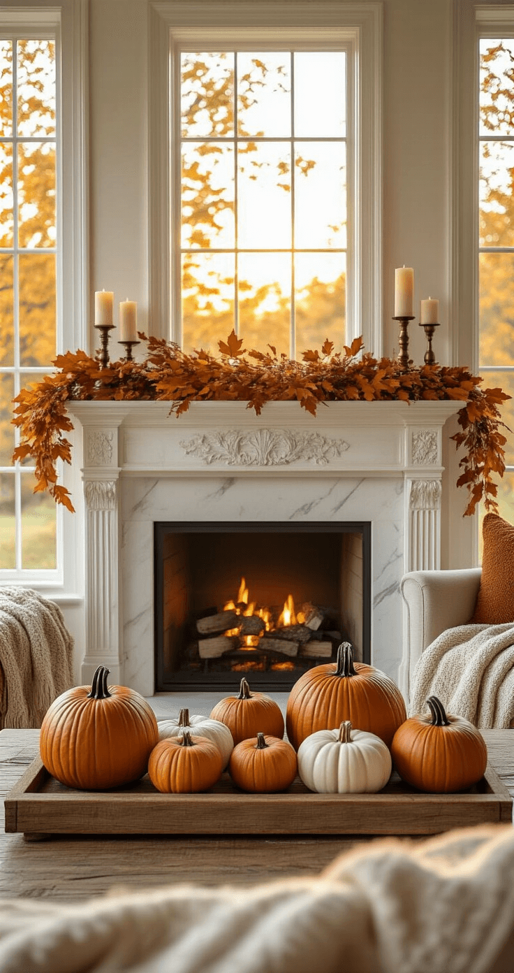 Cozy Fall Mantle Decor: Transform Your Space with Autumnal Warmth Photorealistic living room mantle featuring a white marble fireplace with ornate molding, illuminated by golden hour sunlight, adorned with realistic faux pumpkins on a rustic wood tray, vintage brass candleholders, a textured autumn garland, and cozy throws, all presented in warm burnt orange and cream tones.