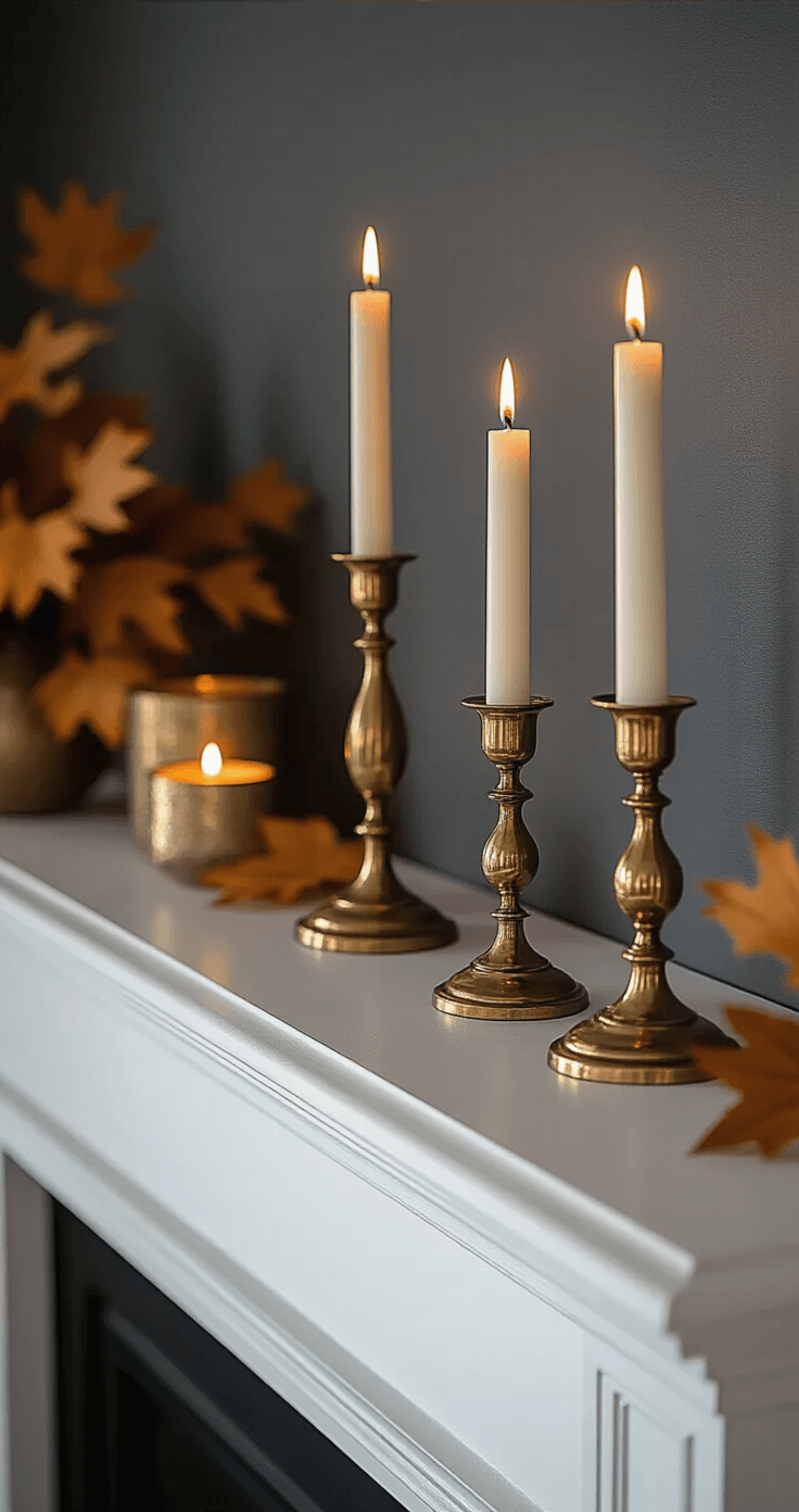 Cozy Fall Mantle Decor: Transform Your Space with Autumnal Warmth Elegant close-up of a white fireplace mantle against a charcoal gray wall, featuring vintage brass candleholders of varying heights casting dramatic silhouettes, with flickering candle flames and polished brass reflecting warm light, all styled with neutral linen textures and sophisticated autumn accents in rich bronze and gold.