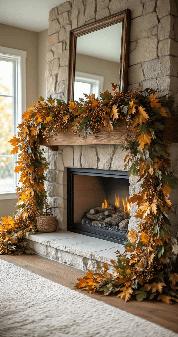 Cozy Fall Mantle Decor: Transform Your Space with Autumnal Warmth A wide shot of a cozy living room featuring a stone fireplace with a wooden mantle, adorned with a lush autumn garland of realistic silk leaves in deep olive greens and golden yellows, interspersed with small berries and twigs, layered over a mirror backdrop, all illuminated by soft directional lighting that enhances the warm earth tones and inviting seasonal atmosphere.