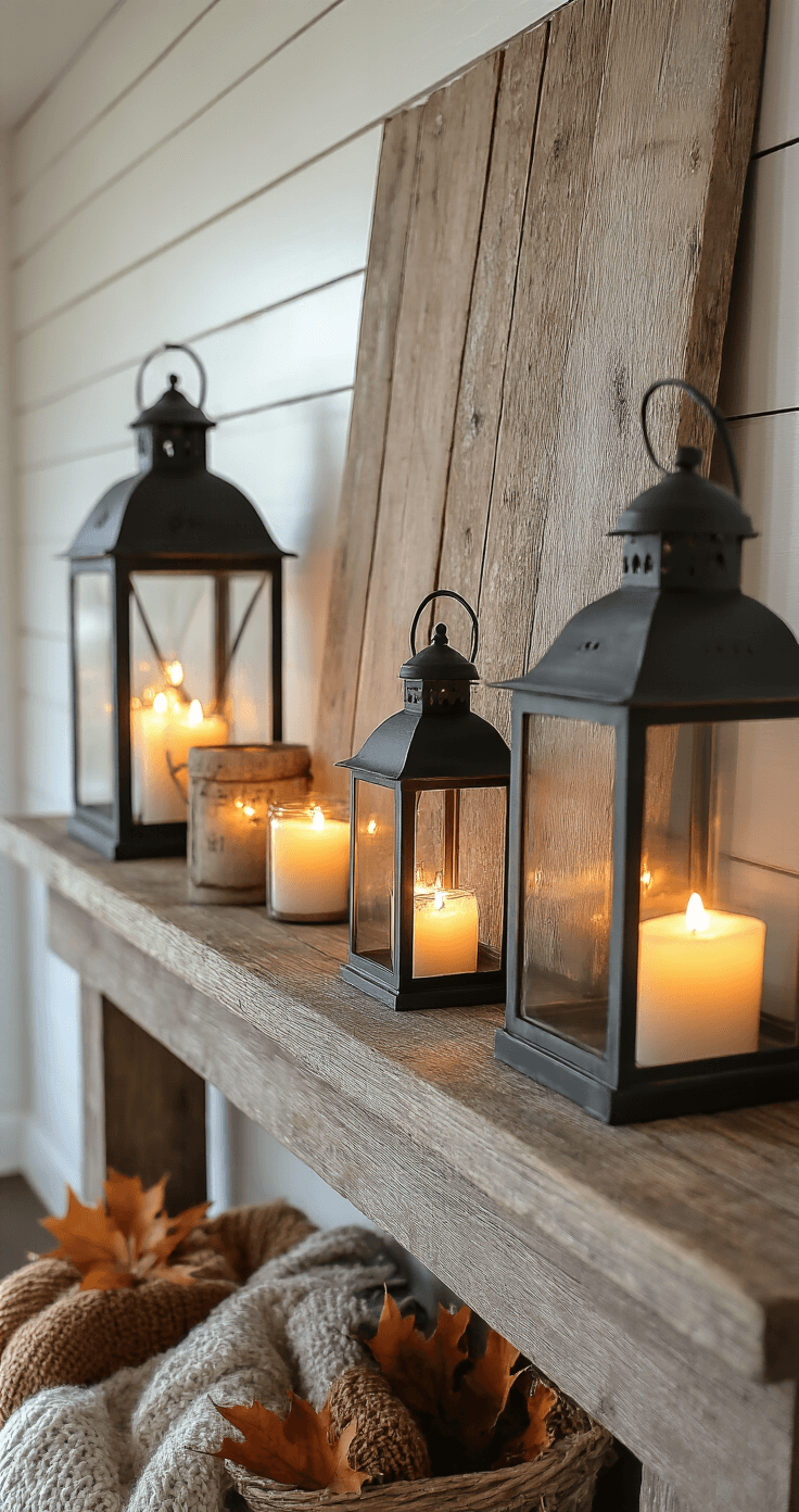 Cozy Fall Mantle Decor: Transform Your Space with Autumnal Warmth A rustic farmhouse mantle adorned with decorative lanterns and soft LED candles, set against a weathered wood mantle and shiplap wall, illuminated by warm evening light, creating an intimate autumn ambiance with rich shadows and cozy textiles nearby.