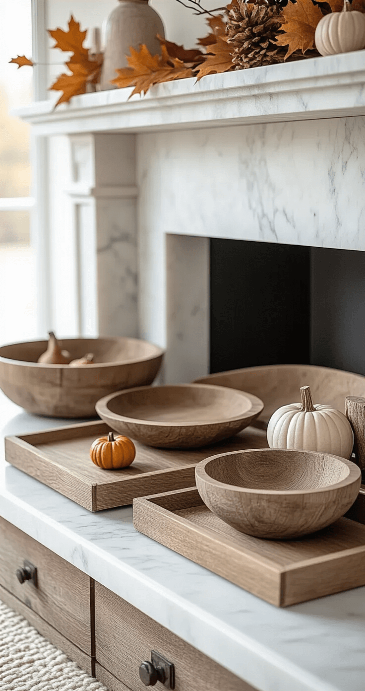 Cozy Fall Mantle Decor: Transform Your Space with Autumnal Warmth A close-up view of an elegant mantle vignette featuring a marble fireplace surround, an assortment of rustic wooden trays in various sizes and tones, and small autumn decorative objects, all arranged asymmetrically in a warm neutral palette with natural light highlighting the wood grain textures.