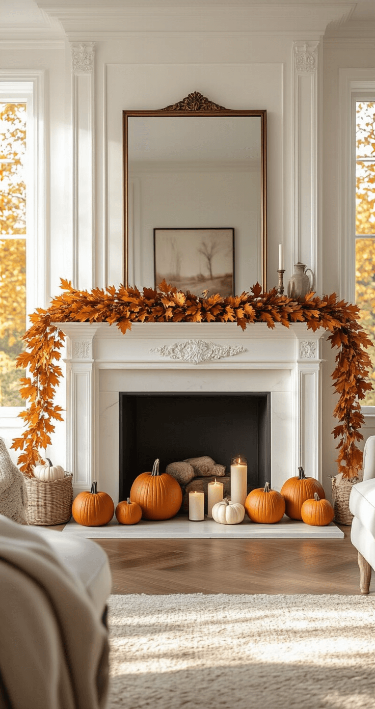 Cozy Fall Mantle Decor: Transform Your Space with Autumnal Warmth A sophisticated living room featuring a traditional white mantle with classical details, bathed in warm golden afternoon light. The decor includes a large mirror and artwork in the back, a medium garland and decorative objects in the center, and small pumpkins and candles in the foreground, all staged for a balanced and inviting autumn atmosphere.
