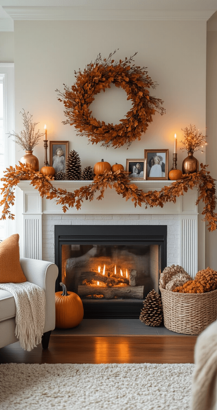 Cozy Fall Mantle Decor: Transform Your Space with Autumnal Warmth A cozy fall living room featuring warm evening lighting, a beautifully styled mantle with budget-friendly DIY decor in autumn tones, natural pinecones and branches, a handmade fabric garland, personal family photos, and comfortable lived-in styling, accented with copper and harvest gold elements.