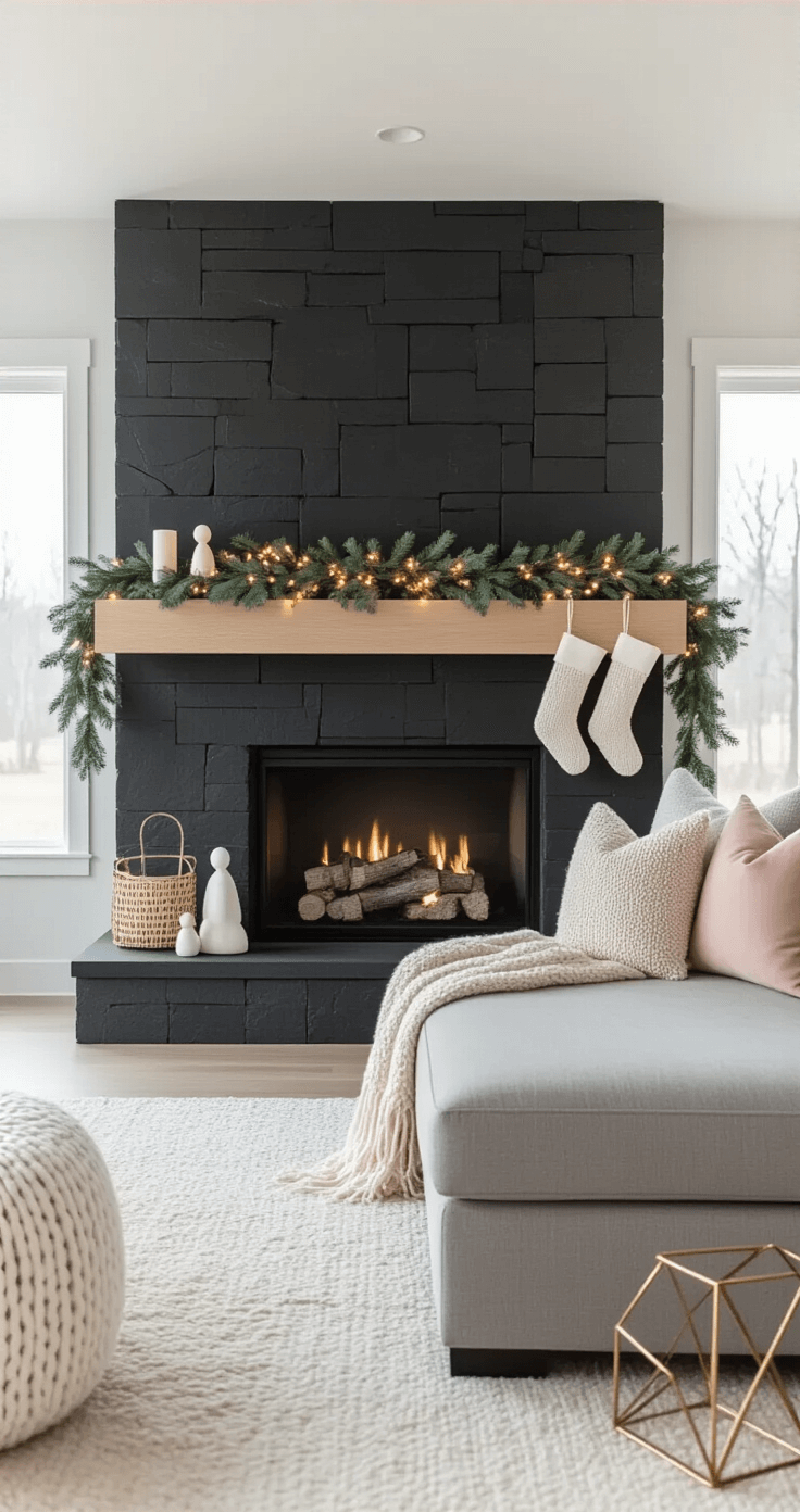 Cozy Christmas Fireplace Decor: Your Ultimate Styling Guide Modern minimalist fireplace scene featuring a sleek black stone surround and a floating white oak mantel, adorned with blush pink and gold holiday decor, delicate eucalyptus garland with rose gold wire lights, cream cable-knit stockings, geometric brass candleholders, and white ceramic figurines, all illuminated by afternoon natural light in a palette of blush pink, champagne gold, and sage green.