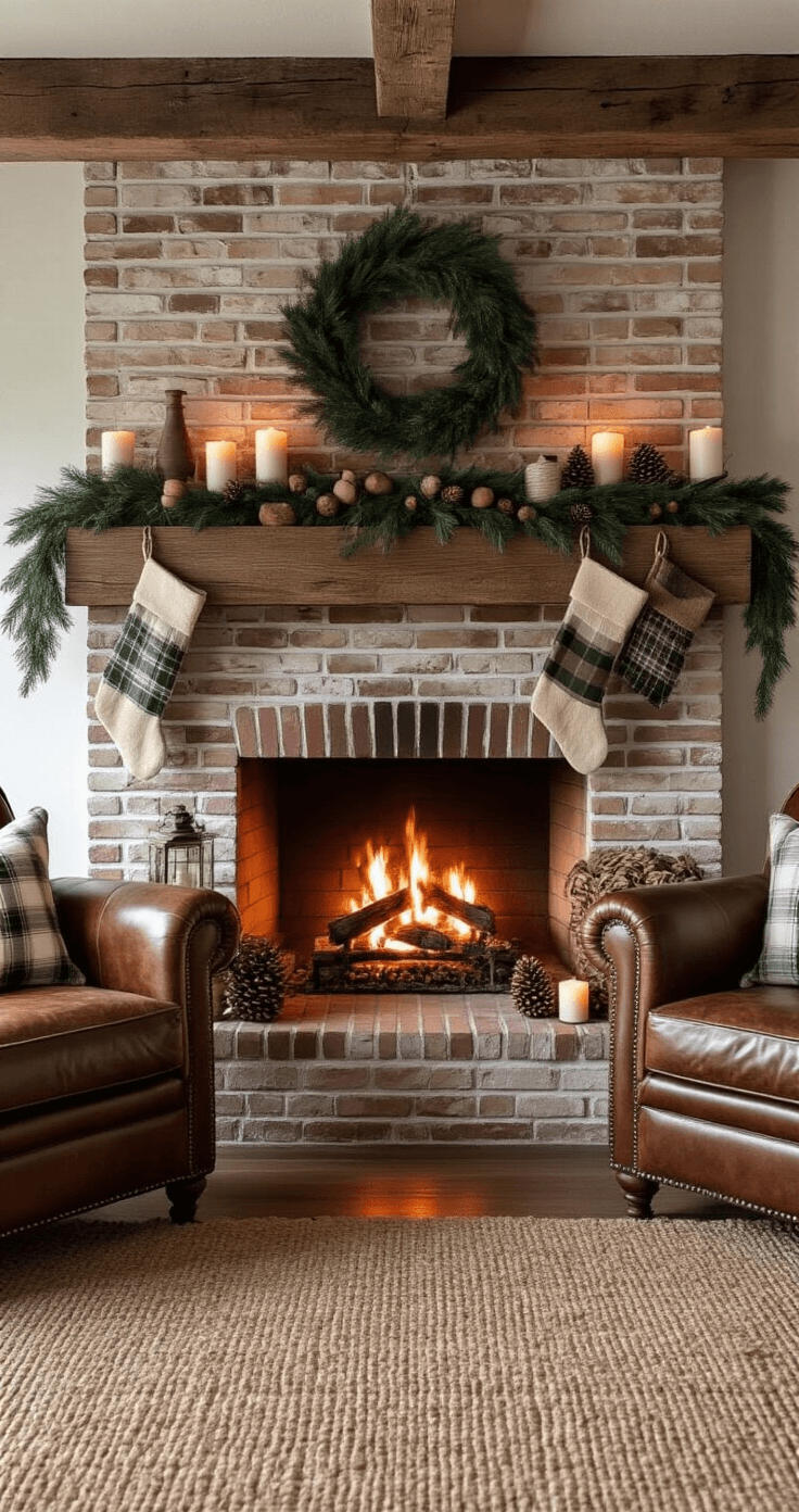 Cozy Christmas Fireplace Decor: Your Ultimate Styling Guide A cozy rustic farmhouse living room featuring a reclaimed wood beam mantel above a brick fireplace, distressed leather armchairs by the hearth, natural pine and cedar garlands, warm white candles, burlap and plaid stockings, vintage brass lanterns, and rustic decor elements, all bathed in the soft glow of flickering firelight.