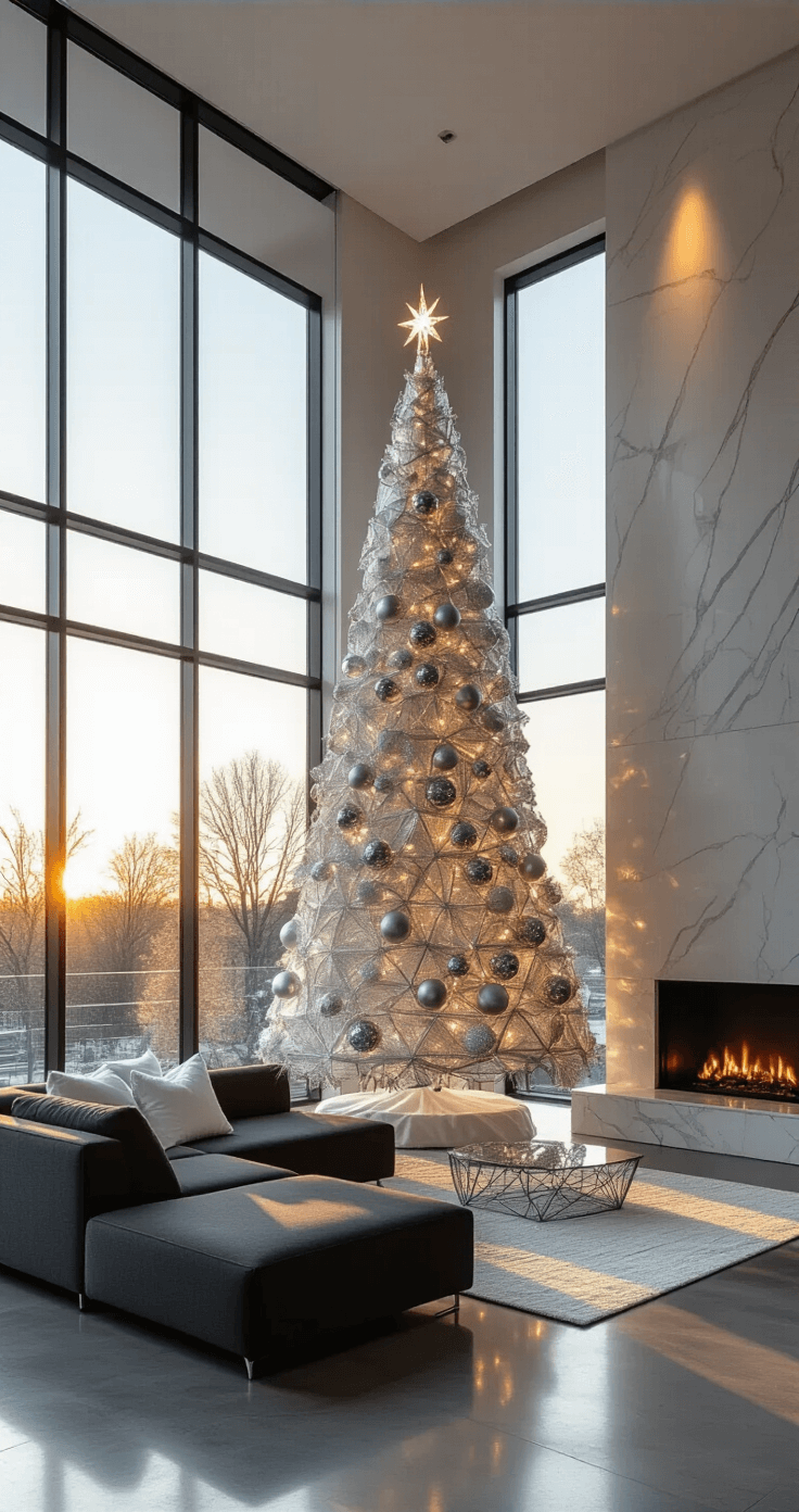 Modern Christmas Trees: A Design Lover's Guide to Festive Focal Points Wide-angle shot of a modern living room at golden hour, showcasing a tall metallic silver Christmas tree with geometric design, complemented by a charcoal sectional sofa and polished concrete floors. Natural light floods through floor-to-ceiling windows, creating shadows, while oversized silver baubles and a minimalist marble fireplace enhance the monochromatic palette.