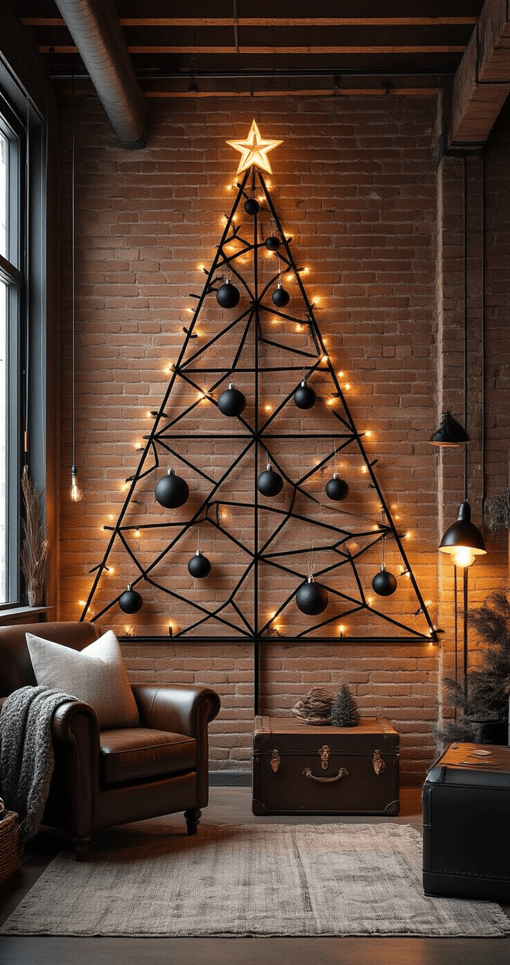 Modern Christmas Trees: A Design Lover's Guide to Festive Focal Points Cozy studio apartment with an elevated view featuring a wall-mounted geometric black metal Christmas tree adorned with Edison bulb string lights, surrounded by exposed brick walls and industrial beams, a leather armchair, and a vintage trunk, all under warm tungsten lighting that emphasizes rich textures and urban loft architecture.