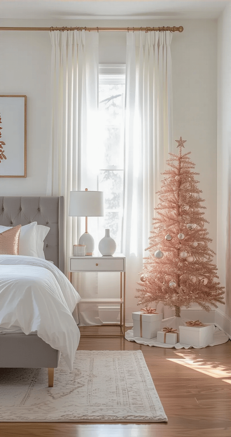 Modern Christmas Trees: A Design Lover's Guide to Festive Focal Points Contemporary bedroom with a platform bed featuring white linens and a gray velvet headboard, soft afternoon light filtering through white curtains, and a 3-foot slim metallic Christmas tree in rose gold finish decorated with matching rose gold spheres and geometric shapes, complemented by brass accents and honey oak hardwood floors, all in a warm, feminine color palette of blush, cream, and metallics.