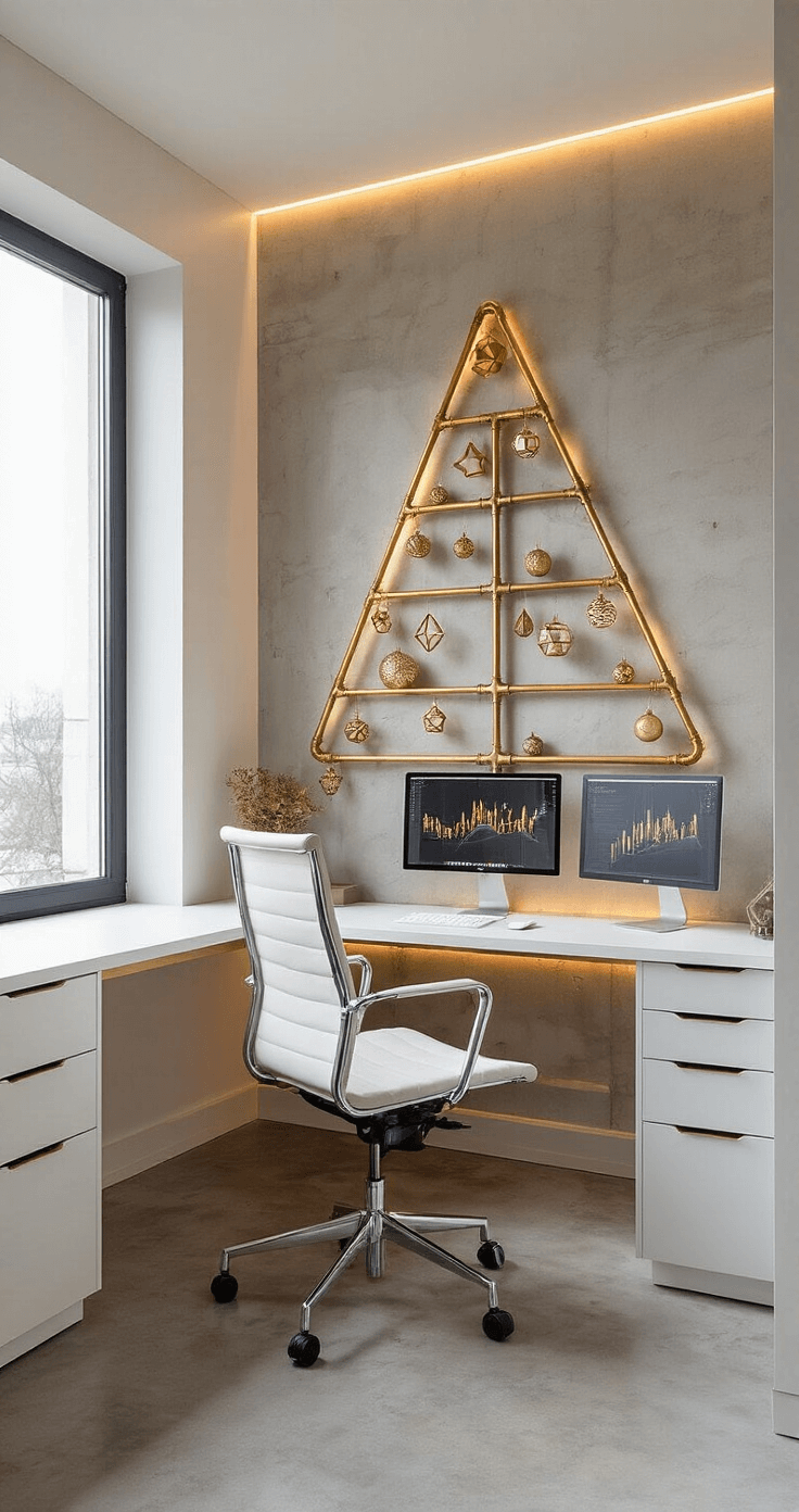 Modern Christmas Trees: A Design Lover's Guide to Festive Focal Points Modern home office with a brass pipe Christmas tree, built-in white lacquer desk, dual monitor setup, and industrial concrete floors, illuminated by north-facing window light.