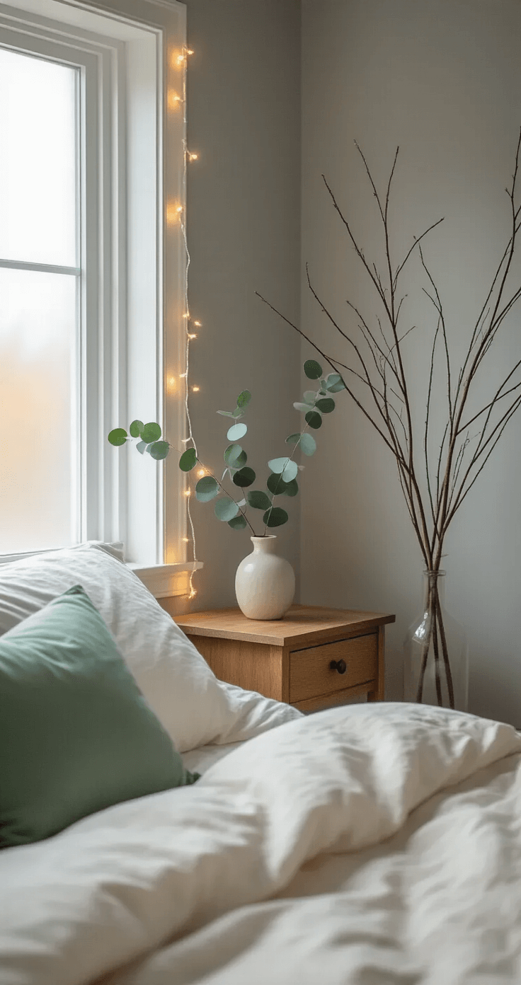 Effortless Minimalist Christmas Decor: Create a Calm, Cozy Holiday Space Cozy bedroom corner with soft gray walls, white trim, and evening twilight through a frosted window, featuring a wooden nightstand with a ceramic vase and eucalyptus branch, cream bedding with a sage green pillow, bare branches in a tall vase, and warm white fairy lights, captured from a low angle for an intimate, peaceful atmosphere.