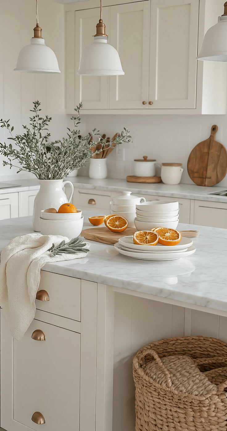 Effortless Minimalist Christmas Decor: Create a Calm, Cozy Holiday Space A cozy Scandinavian-style kitchen island corner featuring white cabinets and marble countertops, illuminated by soft afternoon light from pendant fixtures. The scene includes white ceramic dishes decorated with dried orange slices and sage sprigs, a natural wood cutting board, folded cream tea towels, and a woven basket, all styled in fresh minimalist design with organic elements and neutral tones. The overhead angle enhances the food photography aesthetic.
