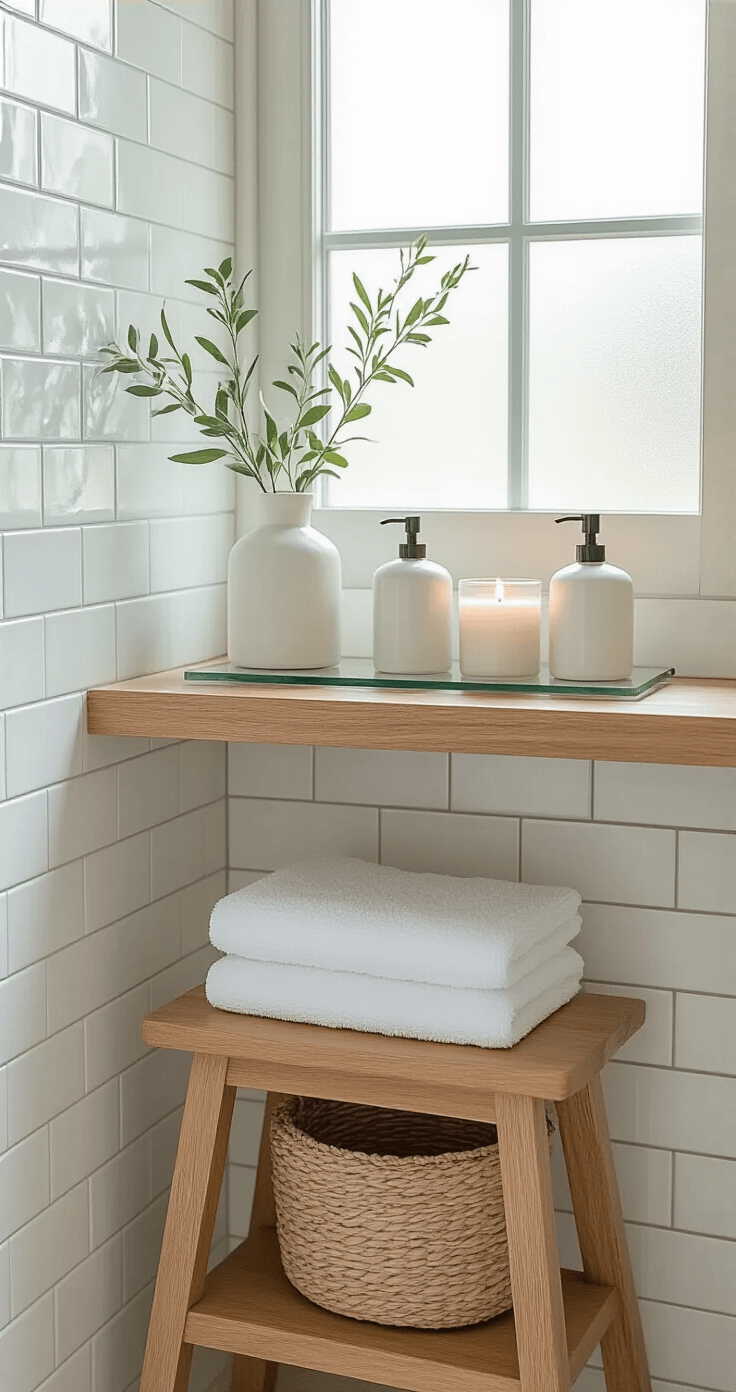 Effortless Minimalist Christmas Decor: Create a Calm, Cozy Holiday Space A serene bathroom spa corner featuring white subway tiles and a natural wood vanity, illuminated by soft morning light. A simple glass shelf holds white ceramic vessels with sage green sprigs and a candle, while cream hand towels are neatly folded on a wooden stool above a natural fiber basket. The clean lines and minimal accessories create a tranquil, minimalist atmosphere with organic accents.