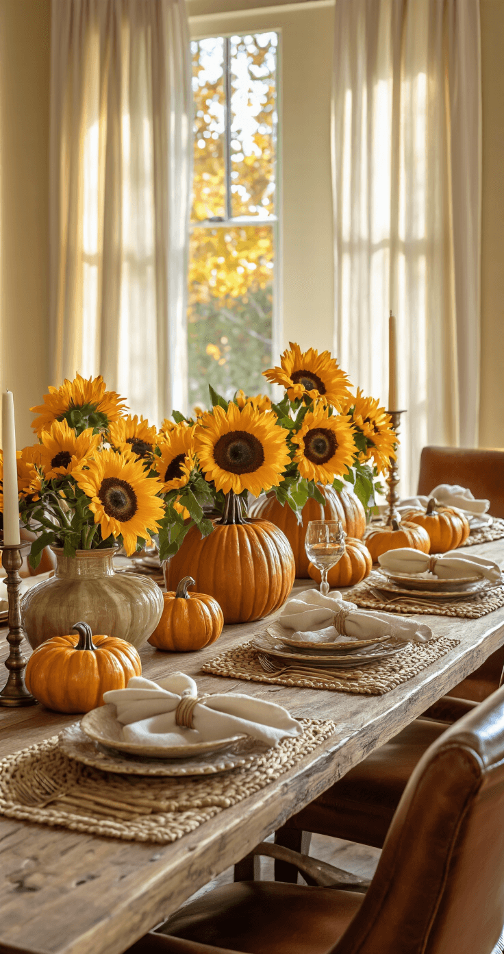 Cozy Fall Table Decor: Transform Your Dining Space with Autumn Elegance Elegant dining room with a rustic wooden table decorated with ceramic pumpkin centerpieces and vibrant sunflower bouquets, illuminated by golden afternoon light filtering through sheer curtains, featuring warm wood tones, layered textures, and a cozy farmhouse atmosphere.