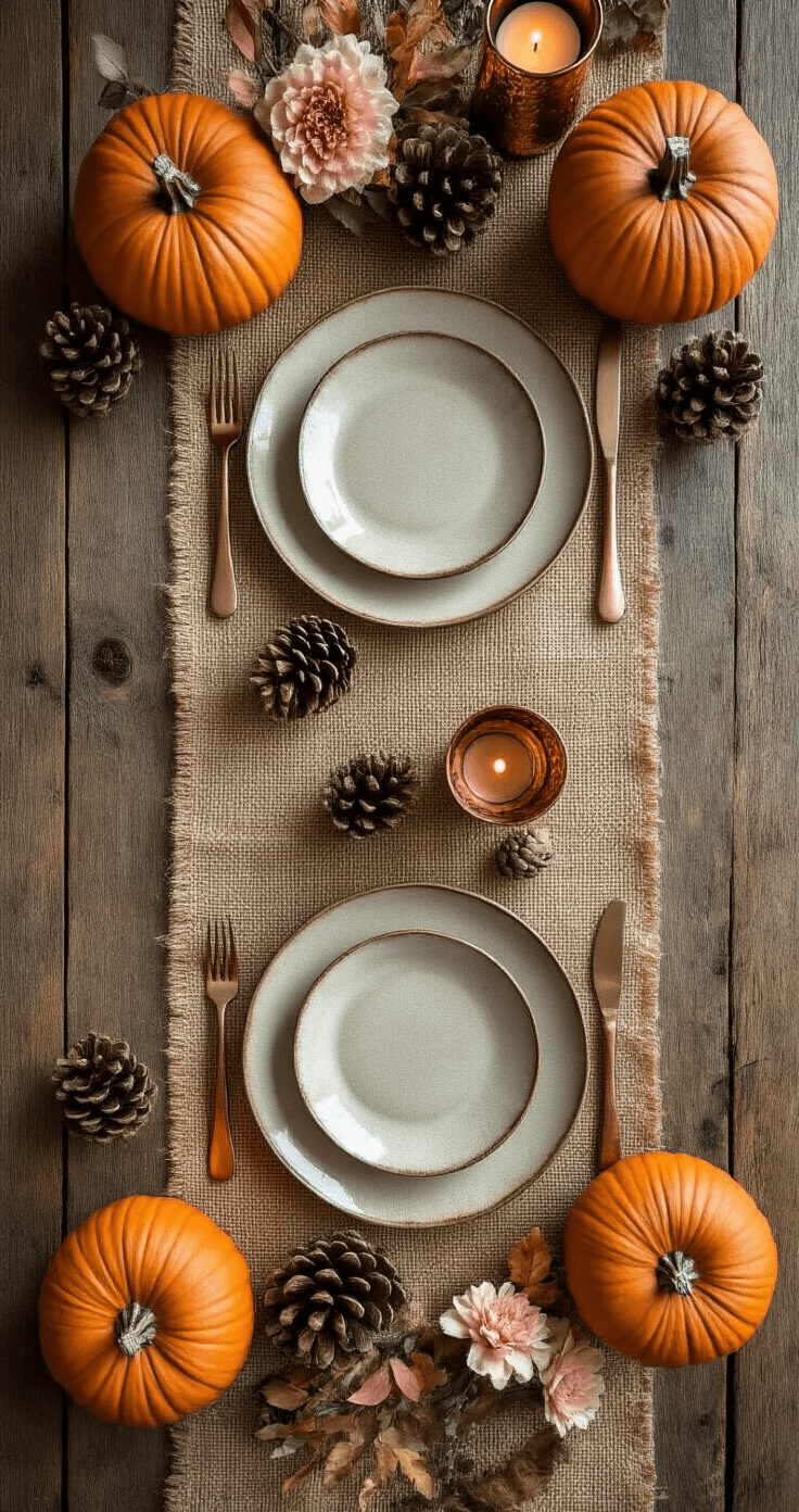 Cozy Fall Table Decor: Transform Your Dining Space with Autumn Elegance Close-up overhead shot of a rustic fall table setting featuring burlap fabric, ceramic plates, and copper candle holders on reclaimed wood. Warm morning light casts soft shadows on deep orange pumpkins and pinecones, with a palette of rich browns, golden yellows, and blush pink florals.