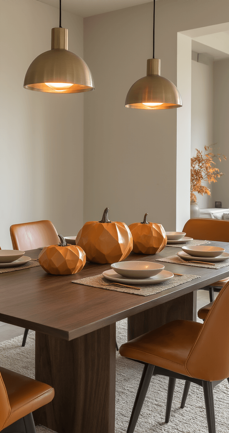 Cozy Fall Table Decor: Transform Your Dining Space with Autumn Elegance Modern minimalist dining space with a dark walnut table, geometric ceramic pumpkin centerpieces, and mid-century modern cognac leather chairs, illuminated by soft evening light.