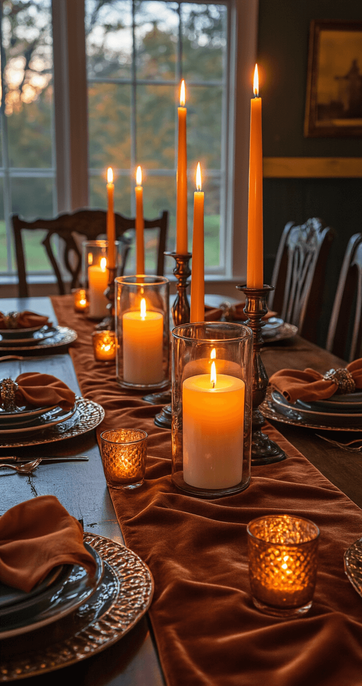 Cozy Fall Table Decor: Transform Your Dining Space with Autumn Elegance Intimate candlelit tablescape at twilight featuring pillar candles in hurricane glasses, autumn-themed place settings with deep oranges and rich browns, velvet table runner, ceramic dishes, and metallic chargers, all set in a traditional dining room with dark wood furniture and jewel-tone walls, captured in warm, soft light.