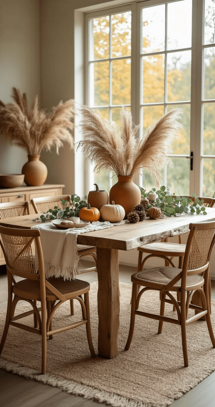 Cozy Fall Table Decor: Transform Your Dining Space with Autumn Elegance Boho fall dining setup featuring a live-edge wooden table with mixed vintage chairs, adorned with dried pampas grass, eucalyptus garlands, and earthy ceramic vessels, illuminated by soft natural light. The scene includes an arrangement of gourds, pinecones, and seasonal produce against a warm color palette of golden yellows, sage greens, and terracotta oranges, with layered textiles like macrame runners and linen napkins.