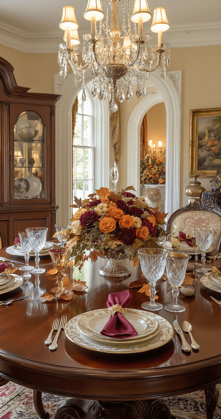 Cozy Fall Table Decor: Transform Your Dining Space with Autumn Elegance Luxurious traditional dining room set for fall entertaining, featuring a polished mahogany table with an elegant autumn centerpiece, crystal glasses, and fine china in rich jewel tones. The room is beautifully illuminated by a chandelier and accent candles, showcasing ornate furniture and classic architectural details.