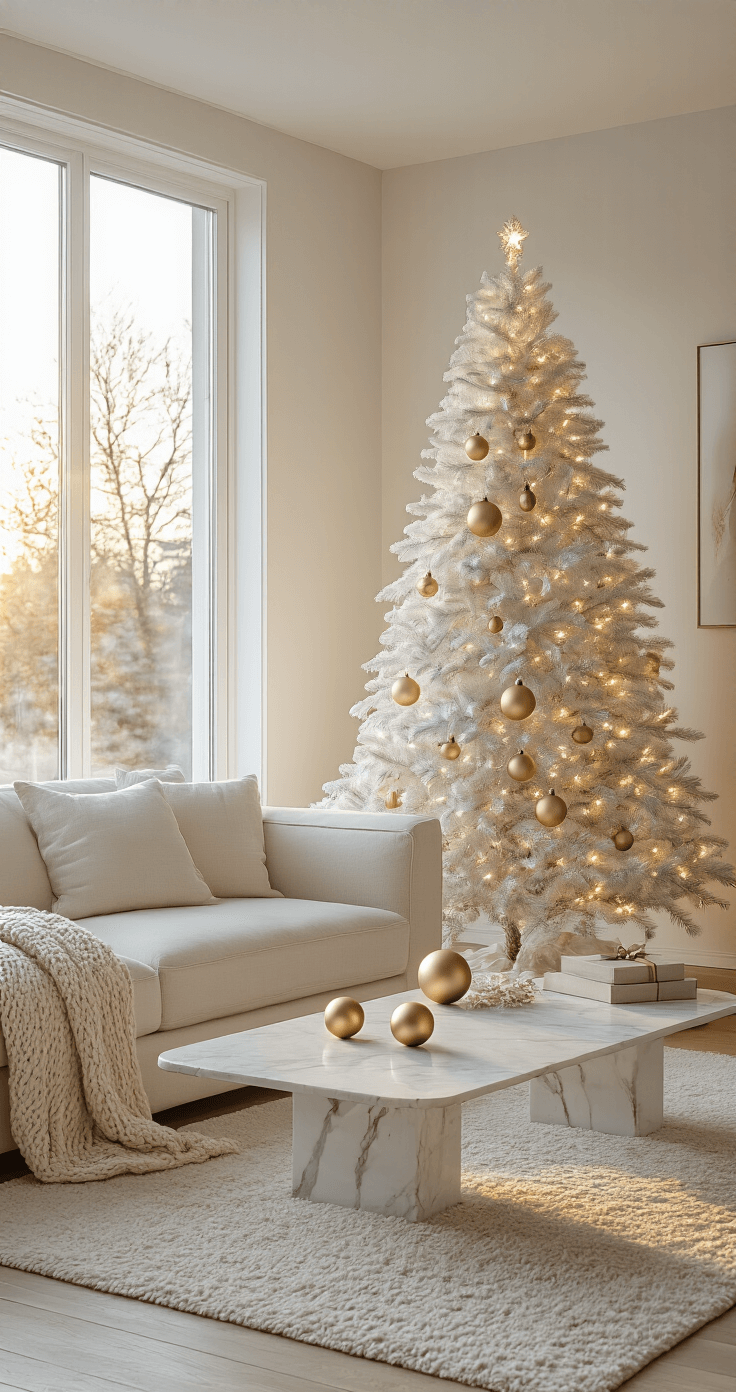 Minimalist Christmas Tree: The Ultimate Guide to Modern, Effortless Holiday Styling Modern living room featuring a 6ft white faux Christmas tree adorned with warm white LED lights and matte gold ornaments, illuminated by golden hour sunlight streaming through floor-to-ceiling windows. A cream sectional sofa and marble coffee table complement the Scandinavian aesthetic, with light oak floors and white walls, accented by a chunky knit throw, creating a serene holiday atmosphere.