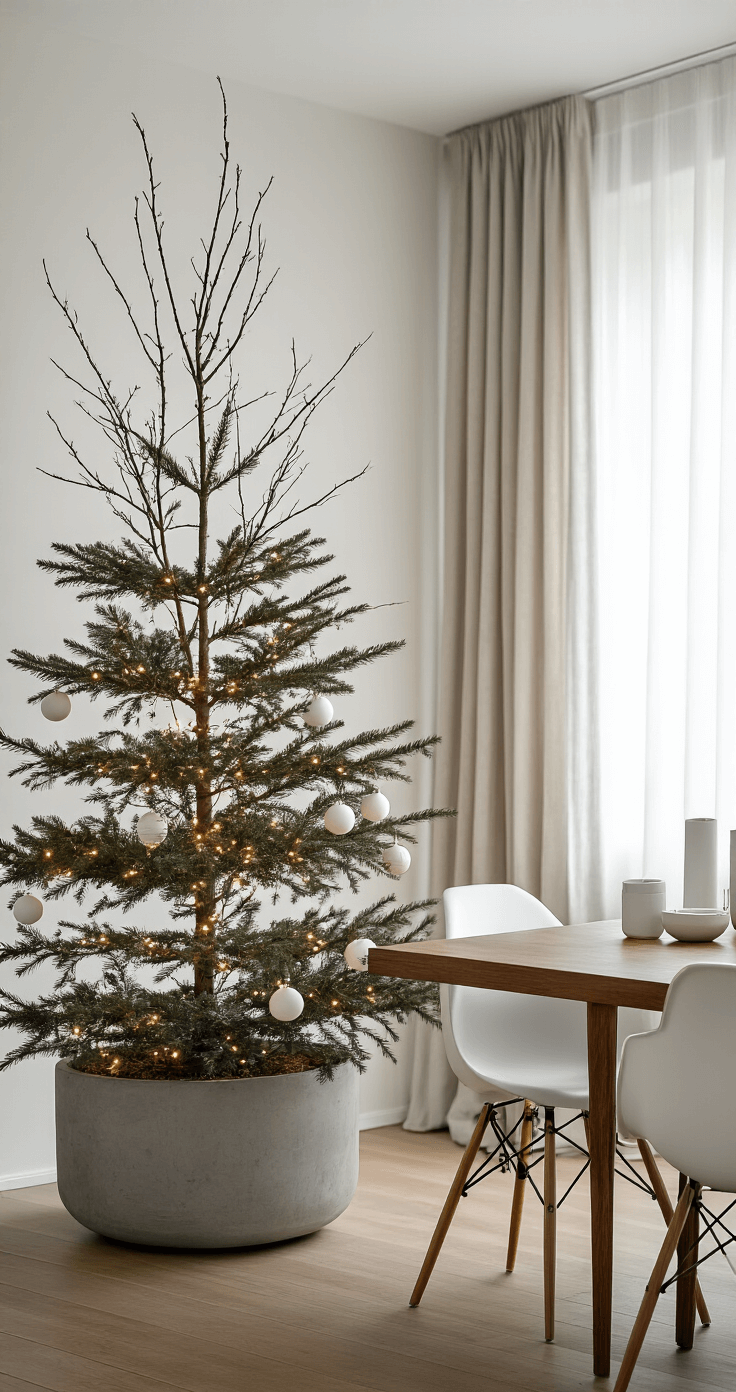 Minimalist Christmas Tree: The Ultimate Guide to Modern, Effortless Holiday Styling Spacious contemporary dining room with a natural branch Christmas tree in a concrete planter, walnut dining table with white Eames chairs, and diffused afternoon light through sheer curtains, showcasing a high-contrast monochrome palette.