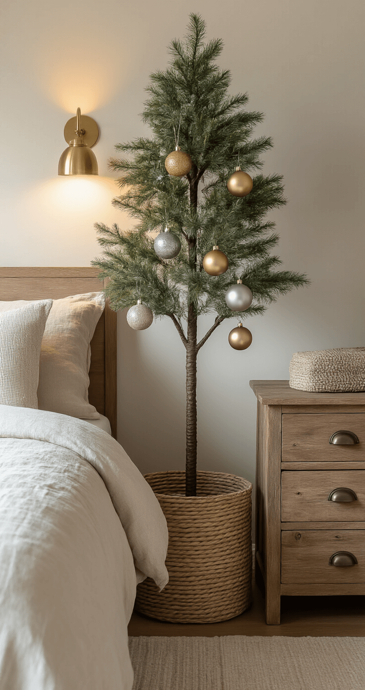Minimalist Christmas Tree: The Ultimate Guide to Modern, Effortless Holiday Styling Cozy bedroom nook featuring a 4ft slim artificial tree in a woven basket, illuminated by bedside brass sconces, with oatmeal-toned linen bedding and a reclaimed wood nightstand, adorned with mixed metallic ornaments creating a warm and peaceful atmosphere.