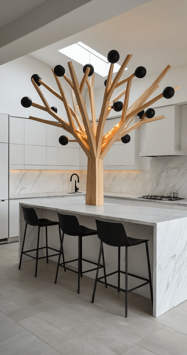 Minimalist Christmas Tree: The Ultimate Guide to Modern, Effortless Holiday Styling Open-plan kitchen-living space featuring a minimalist wooden tree structure made from dowel rods and adorned with matte black ornaments and an LED strand, set against a marble island with white cabinets and black steel bar stools, all illuminated by late morning natural light from skylights, emphasizing clean lines and a neutral color palette.